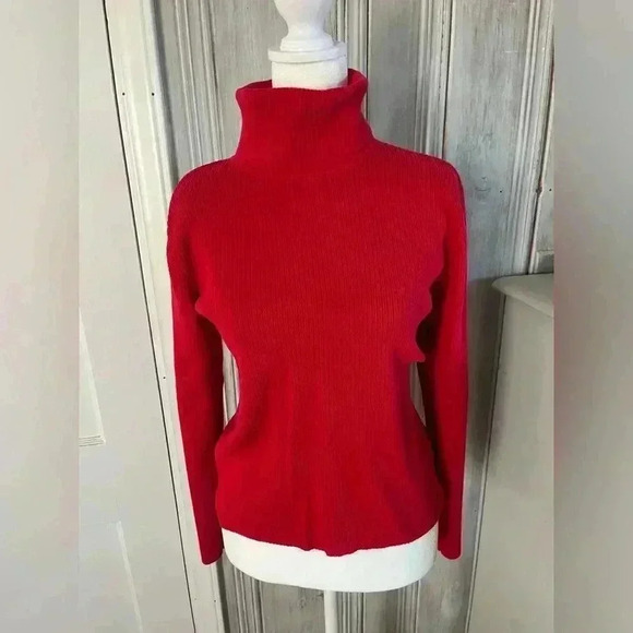 90s Liz Sport Cotton Red Turtleneck  Academia old money classic bright preppy M - Picture 1 of 11